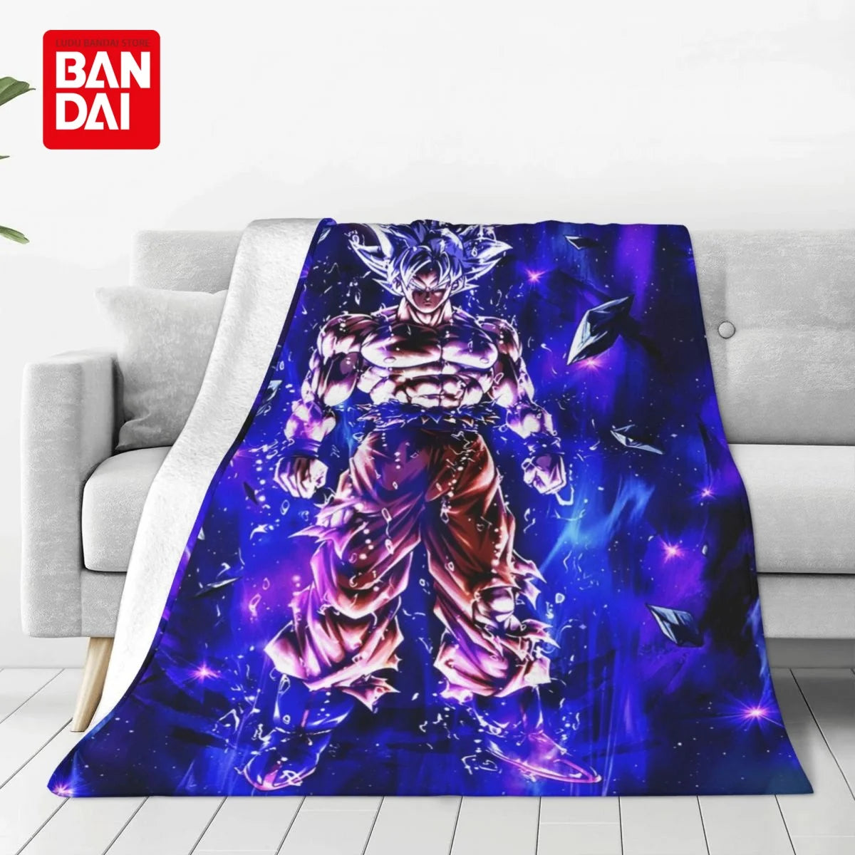 A vibrant anime character flannel throw blanket featuring a muscular figure in purple and blue light against a dark backgroun
