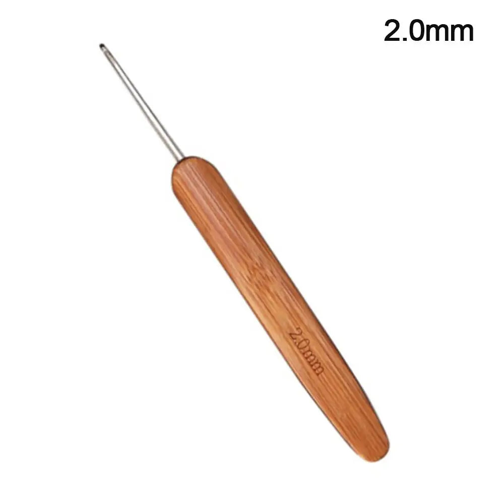 A pair of 2.0mm bamboo crochet and knitting needles with wooden handles.