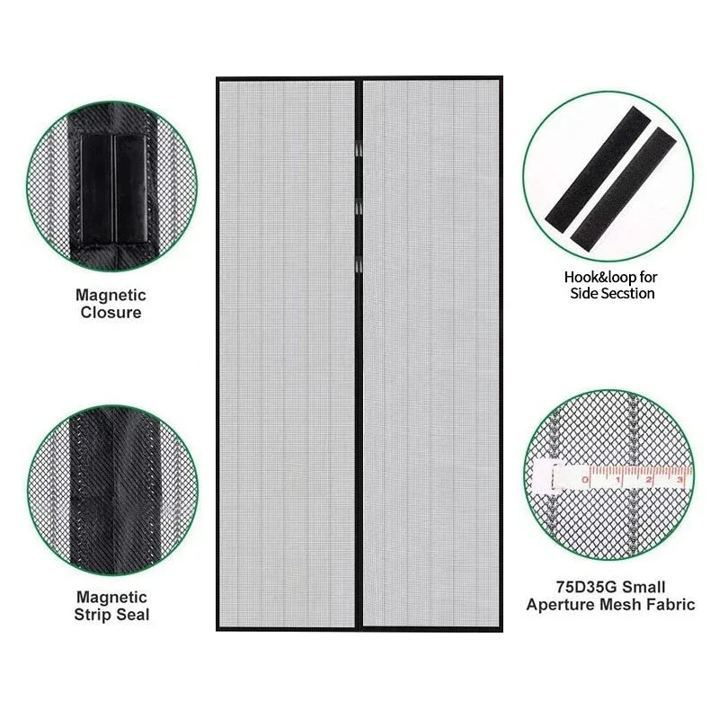 Automatic mosquito net curtain featuring magnetic closure, strip seal, and mesh fabric panels.