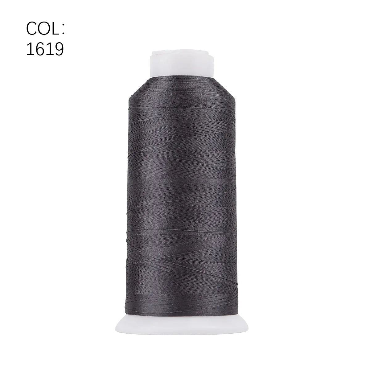 A roll of dark gray polyester embroidery thread labeled COL: 1619