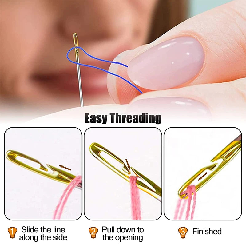 Stainless steel self-threading sewing needles demonstrating the easy threading process on a finger.