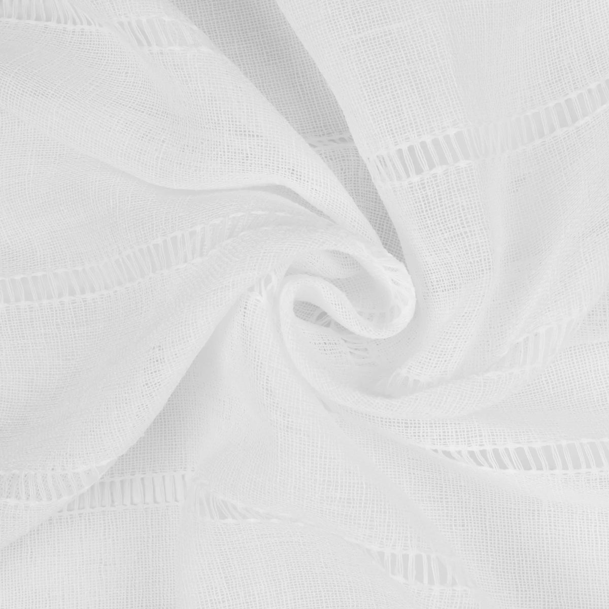White sheer voile curtain panel draped softly, showing light filtering fabric texture.