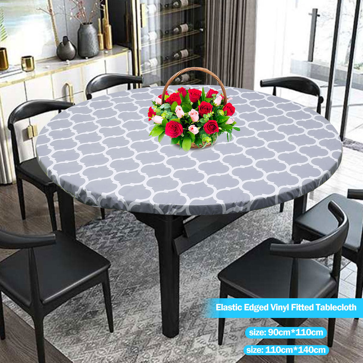 Round elastic-edged vinyl tablecloth with a gray and white geometric pattern set on a dining table.