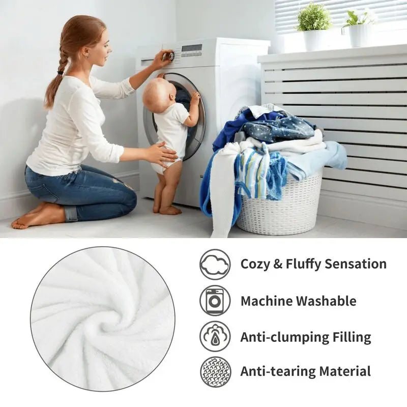 A woman is folding a white fluffy throw blanket next to a washing machine, showing its cozy and anti-clumping features.