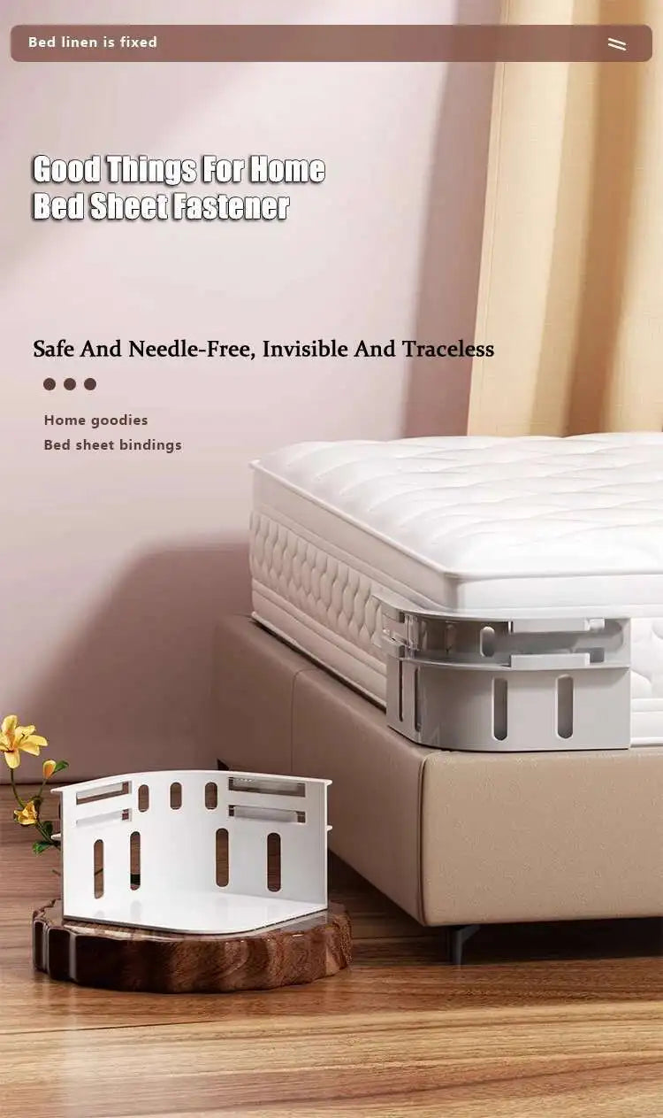 A set of white invisible bed sheet fasteners and bindings displayed on a wooden surface.