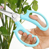 A hand holds a light blue precision shears used to trim plant branches.