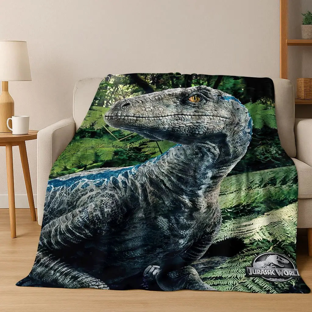 A realistic illustration of a dinosaur head in a dark green jungle setting on a blanket.