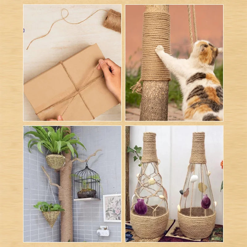 A collage showing a natural jute twine roll, a cat, and decorative hanging lanterns made from the twine.
