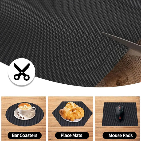 A set of reusable EVA drawer liners, place mats, and mouse pads shown on a wooden surface.