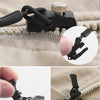 A black zipper repair kit with a metal adjuster is shown alongside close-ups of the components.
