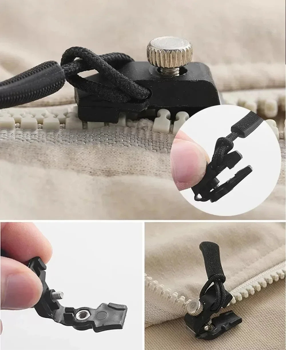 A black zipper repair kit with a metal adjuster is shown alongside close-ups of the components.