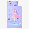 A purple toddler nap mat set featuring a matching pillow and fleece blanket with colorful sea creatures.