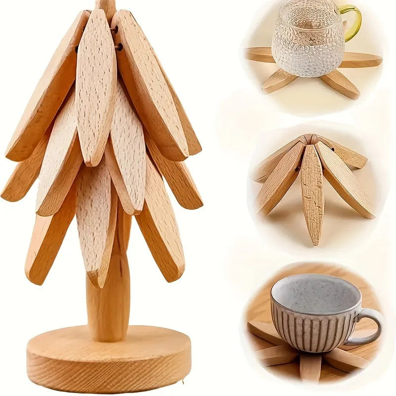 A wooden plant-shaped holder with several wooden placemats and a small cup shown in various angles.