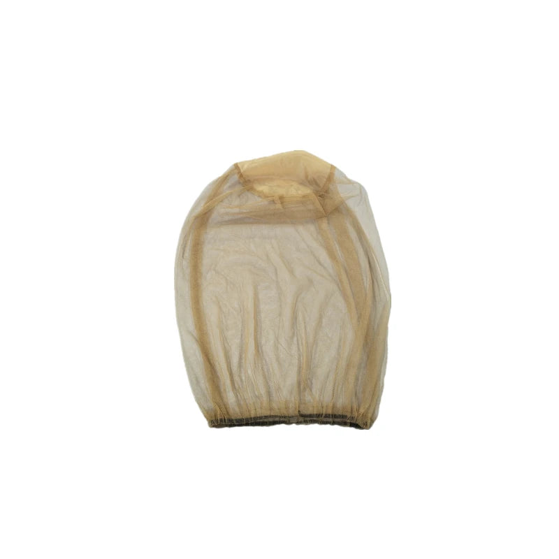 A light tan, sheer mosquito protection fishing hat.