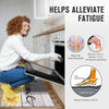 A woman uses a luxury kitchen and home floor mat to relieve fatigue, with an ergonomic comfort rug shown.