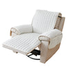A beige quilted stretch recliner cover with storage pockets shown from the side.