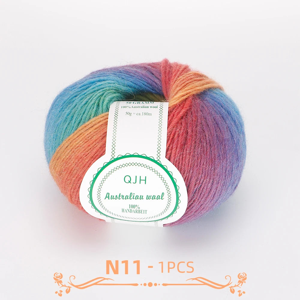A ball of multi-colored wool yarn featuring shades of blue, orange, and pink.