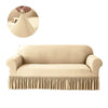 A beige dustproof stretch sofa slipcover shown in a close-up and full view.
