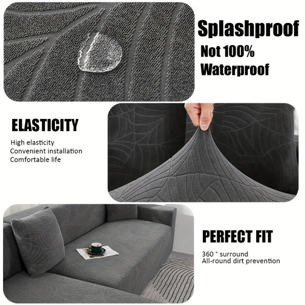 Close-up view of a gray jacquard sofa cushion cover demonstrating elasticity and fit.