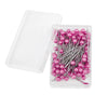 A clear plastic container holds a pack of 100 pink pearl head sewing pins for dressmaking and DIY projects.