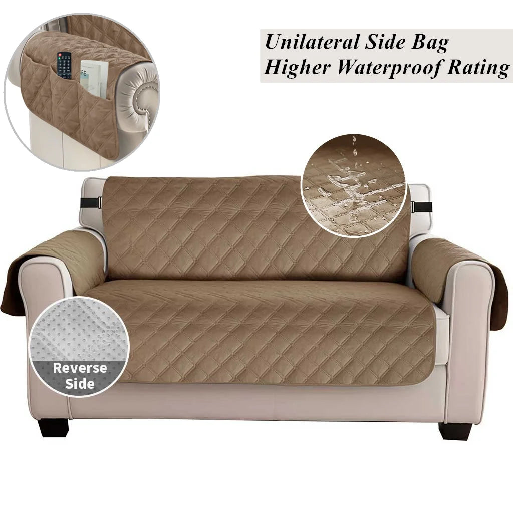 A beige sofa slipcover with a quilted pattern, showing the front and reverse sides.