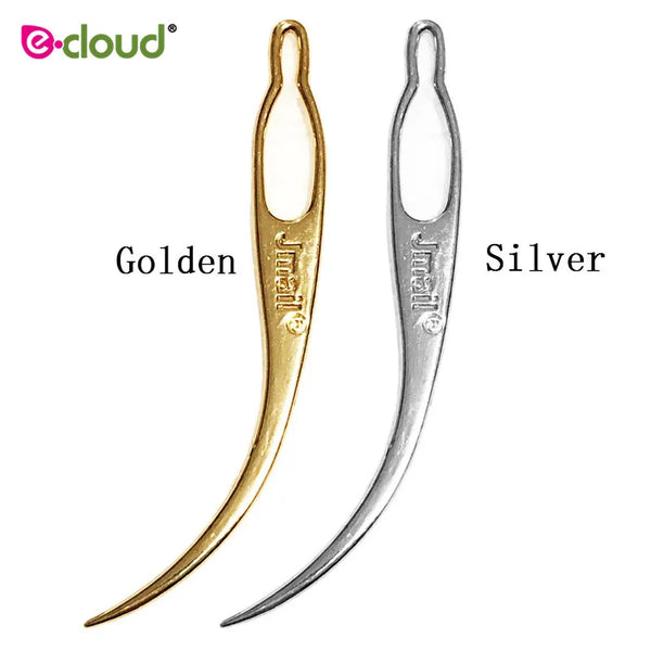 A set of golden and silver dreadlock starting needles and hooks displayed side by side.