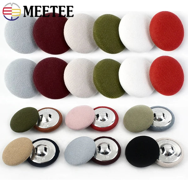 A set of round fabric-covered shank buttons in various colors including red, green, white, and gray.