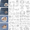 A collection of black line drawings featuring various animals and nature elements for embroidery patterns.