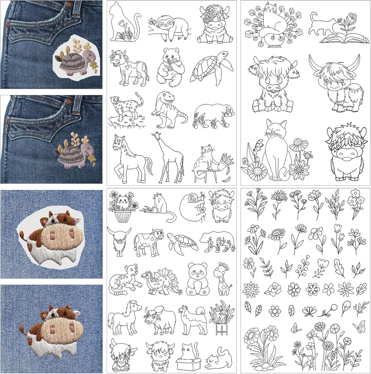 A collection of black line drawings featuring various animals and nature elements for embroidery patterns.