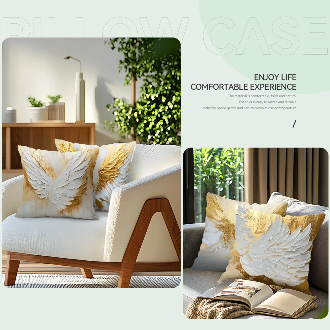 A golden white decorative throw pillow cover with wing patterns on a white sofa.