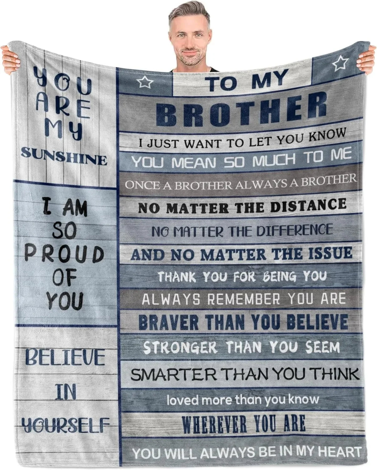 A gray and blue knit blanket featuring inspirational text about a brother and self-belief.
