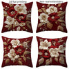 Four pillow covers featuring red and white floral embroidery in various styles including flat printing and non-real embroider