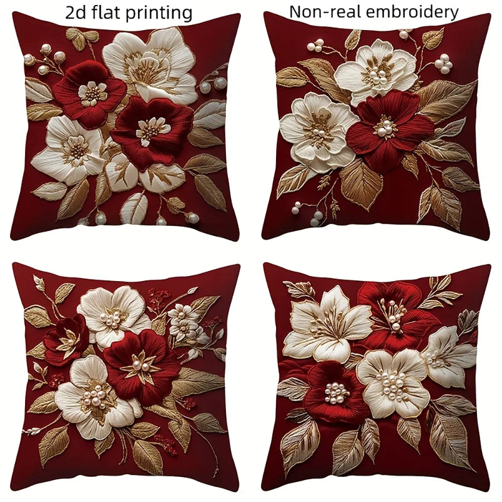 Four pillow covers featuring red and white floral embroidery in various styles including flat printing and non-real embroider