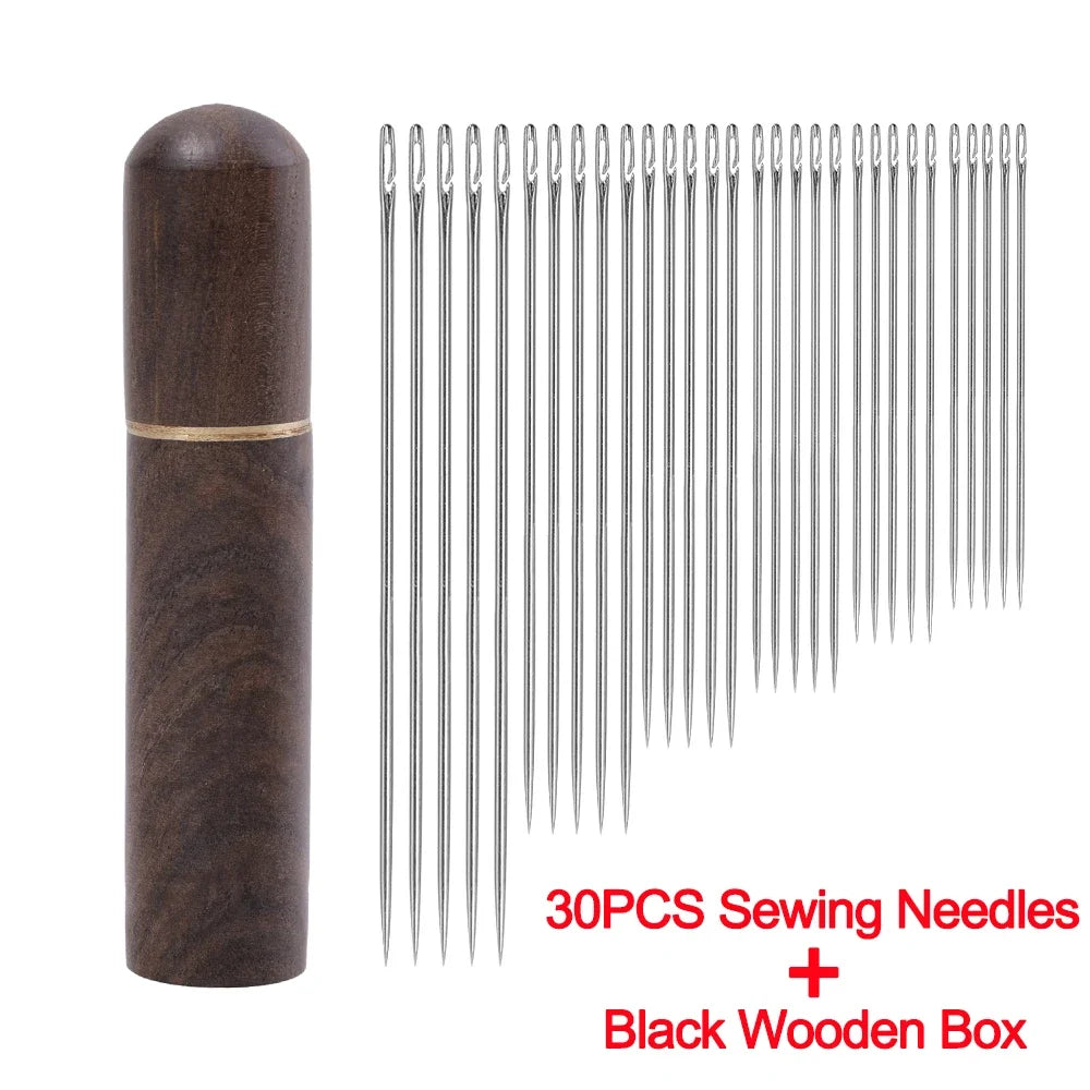 A set of 30 stainless steel sewing needles packaged in a black wooden box.