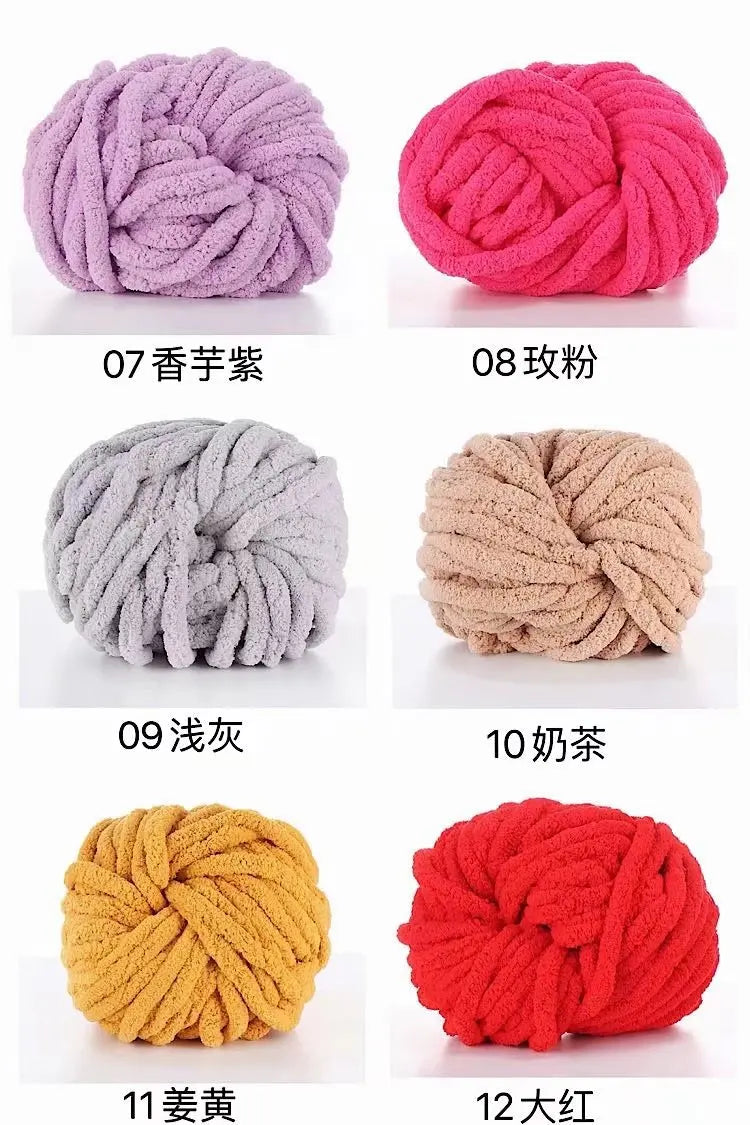 Twelve skeins of hand-woven chunky chenille yarn in various shades including lavender, pink, gray, beige, yellow, and red.