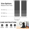 Size options and care instructions for a black thermal curtain, showing measurements from the track.