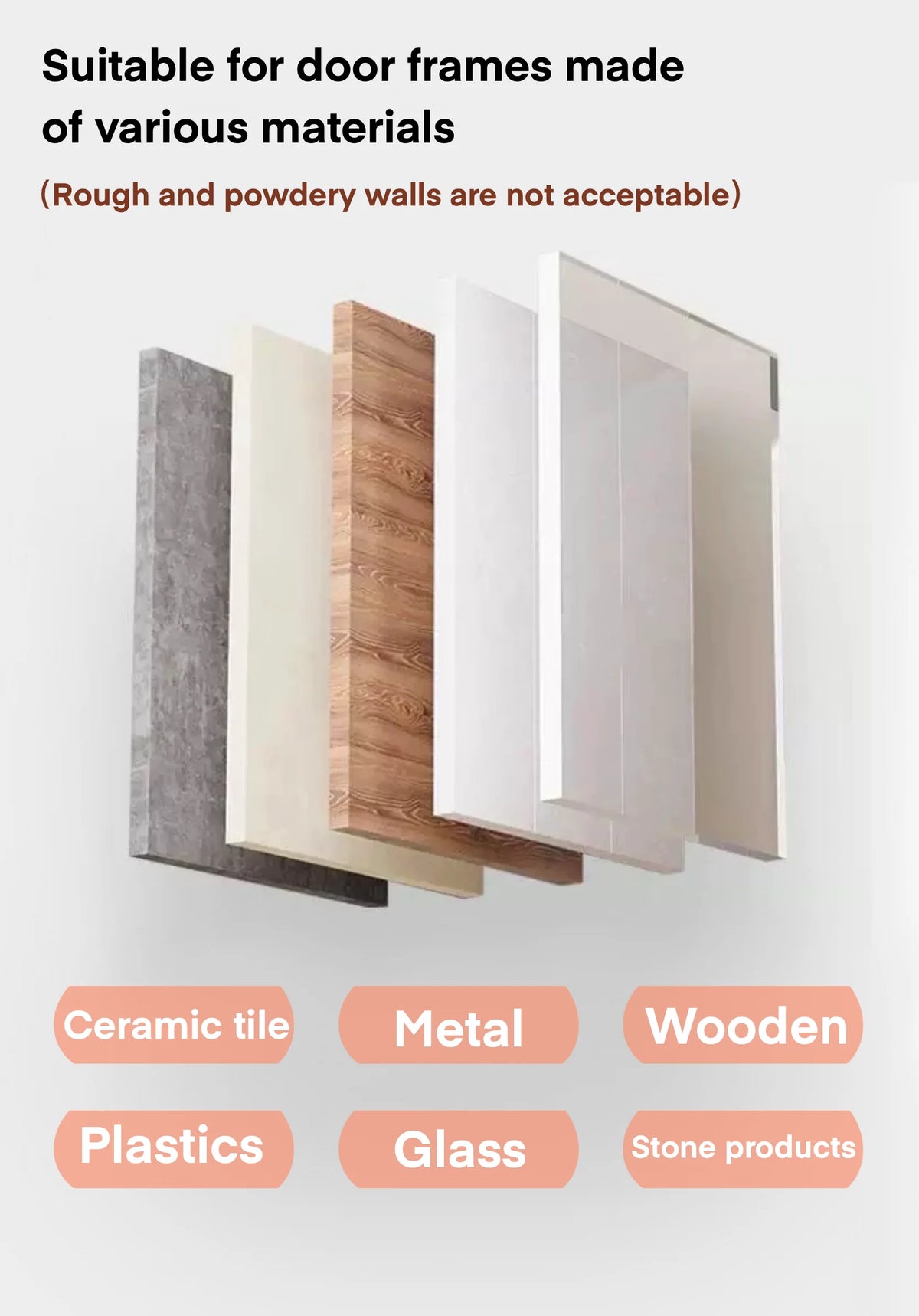 A collection of door frames made from various materials including metal, wood, ceramic tile, plastics, glass, and stone produ