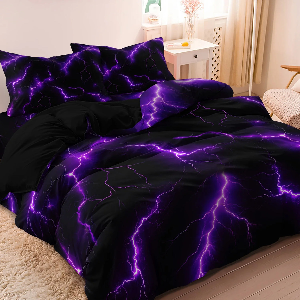 A black duvet cover set featuring a vibrant purple lightning thunder print.