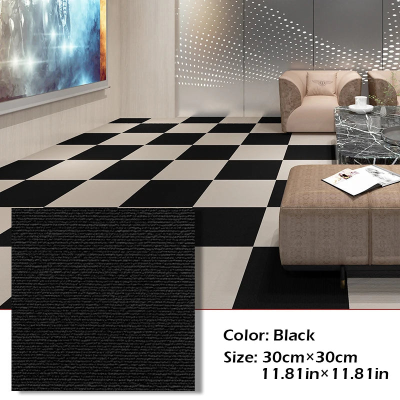 Black square carpet tiles displayed on a floor with a black and white checkered pattern.
