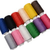A set of twelve colored polyester sewing threads in various shades are displayed on a spool rack.