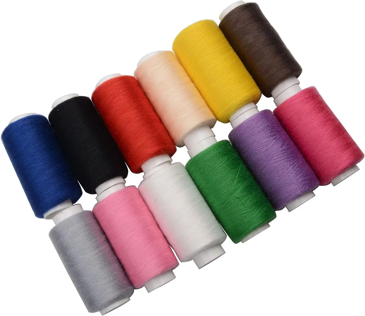 A set of twelve colored polyester sewing threads in various shades are displayed on a spool rack.