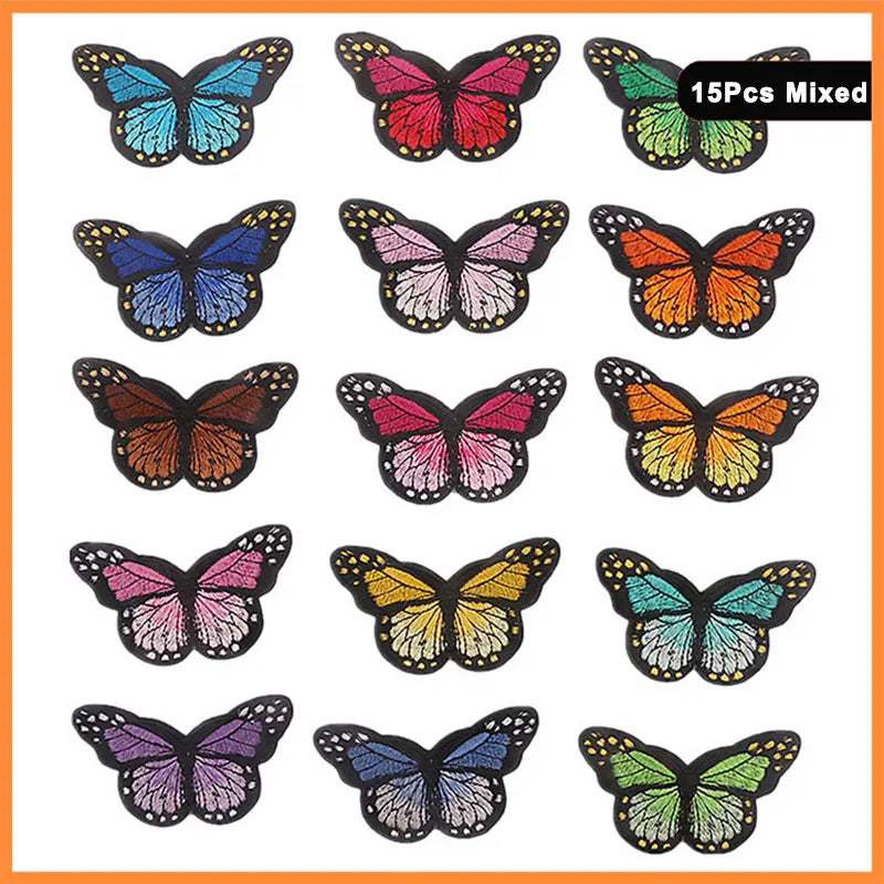 A set of 15 mixed butterfly and rose embroidered iron-on patches in various colors and patterns.