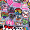 A collection of colorful embroidered letter patches featuring words like LOVE, XOXO, and various phrases for jackets and clot