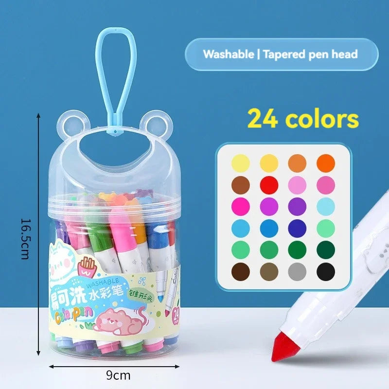 A clear plastic container of 24 washable tapered pen head art markers with a white marker visible in the foreground.