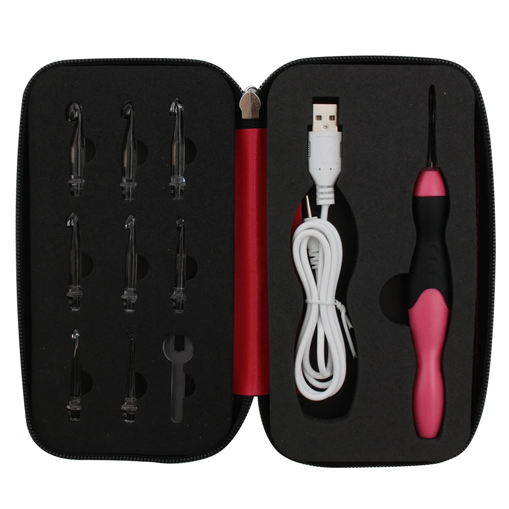 A black case containing a 9-in-1 rechargeable LED crochet hook set with various hooks and a pink tool.