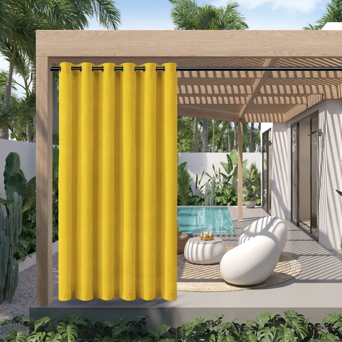 A bright yellow waterproof outdoor curtain with a grommet top hanging in a wooden pergola setting.