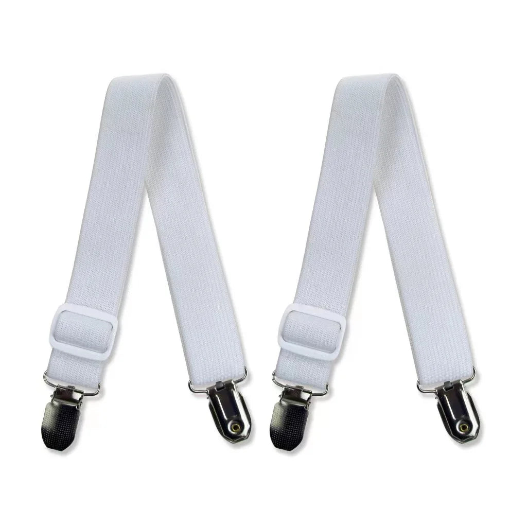 Pair of white adjustable crisscross bed sheet clips for secure holding