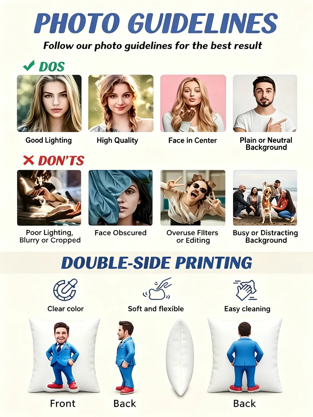 A set of double-sided photo face pillows showing the front and back views of a person's face.