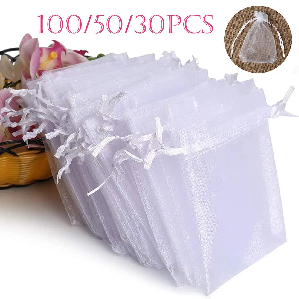 Bulk pack of 100/50/30 pieces of sheer white organza gift bags for jewelry and candy storage