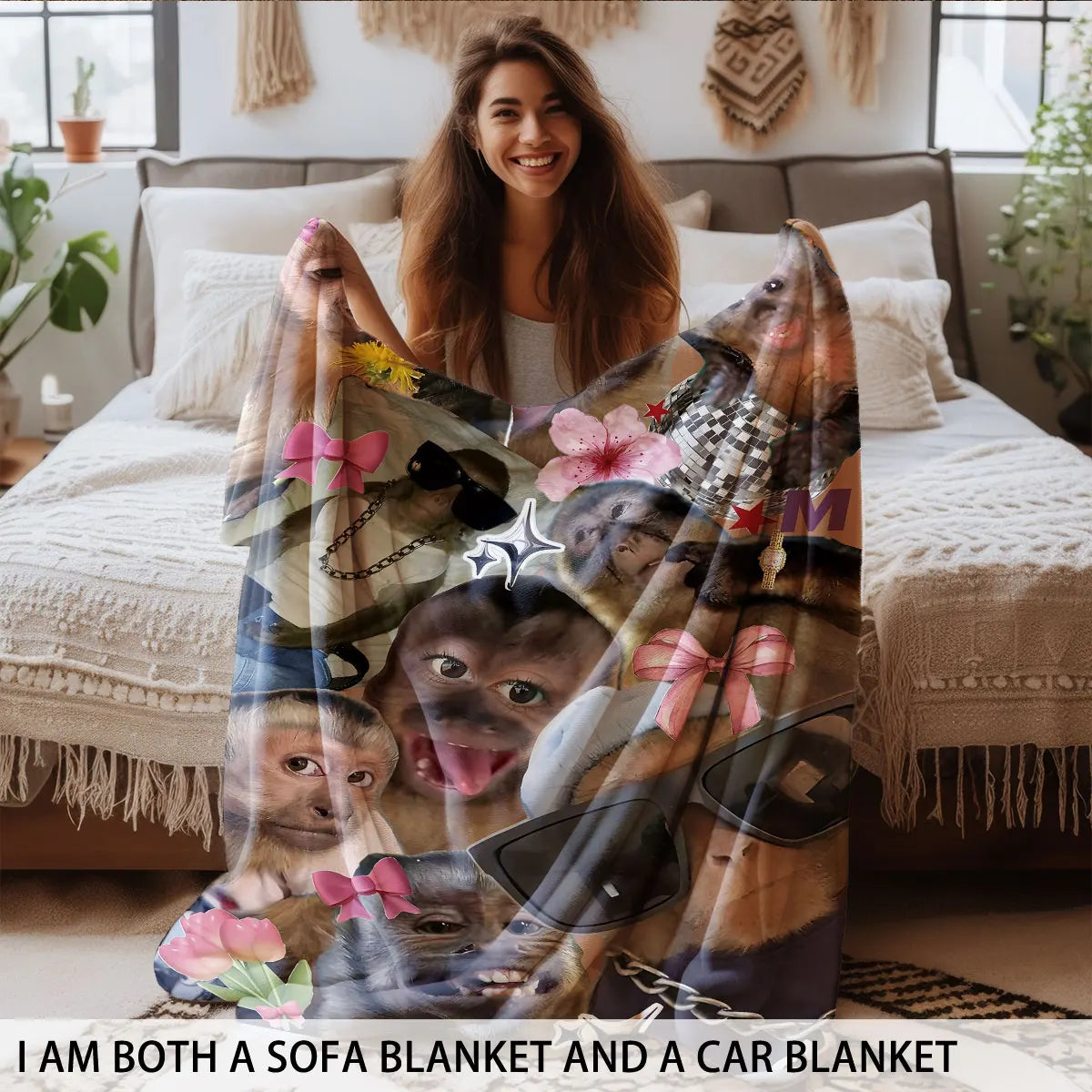 A dark brown flannel blanket featuring a collage of monkey faces and floral patterns.
